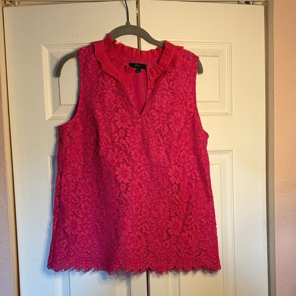 J. Crew Hot Pink Lace Ruffle Collar Sleeveless Top